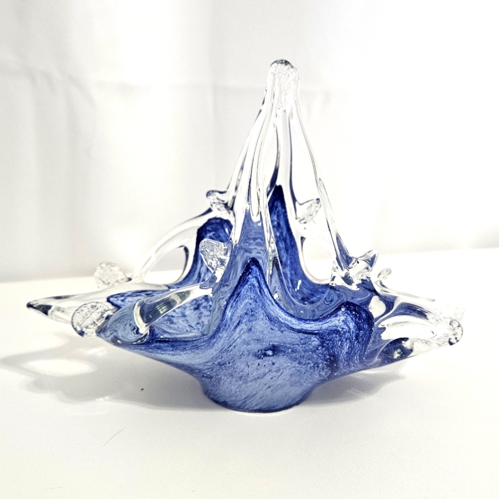 Vintage Murano Glass‎ Handblown Art Glass Candy Dish Italy Made Cobalt Blue 8"